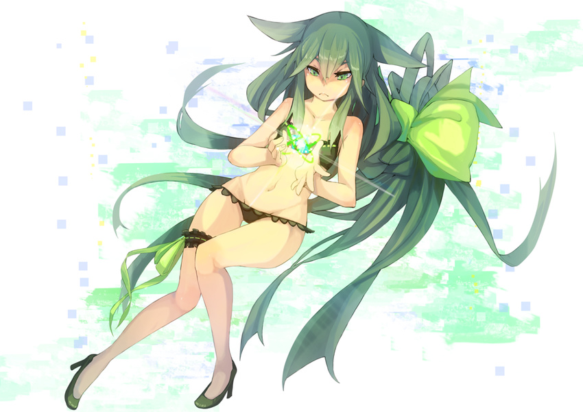 bikini fu-ta gatchaman_crowds glowing green_eyes green_hair hair_ribbon high_heels long_hair low-tied_long_hair lying navel no_socks on_back ribbon solo swimsuit utsutsu very_long_hair