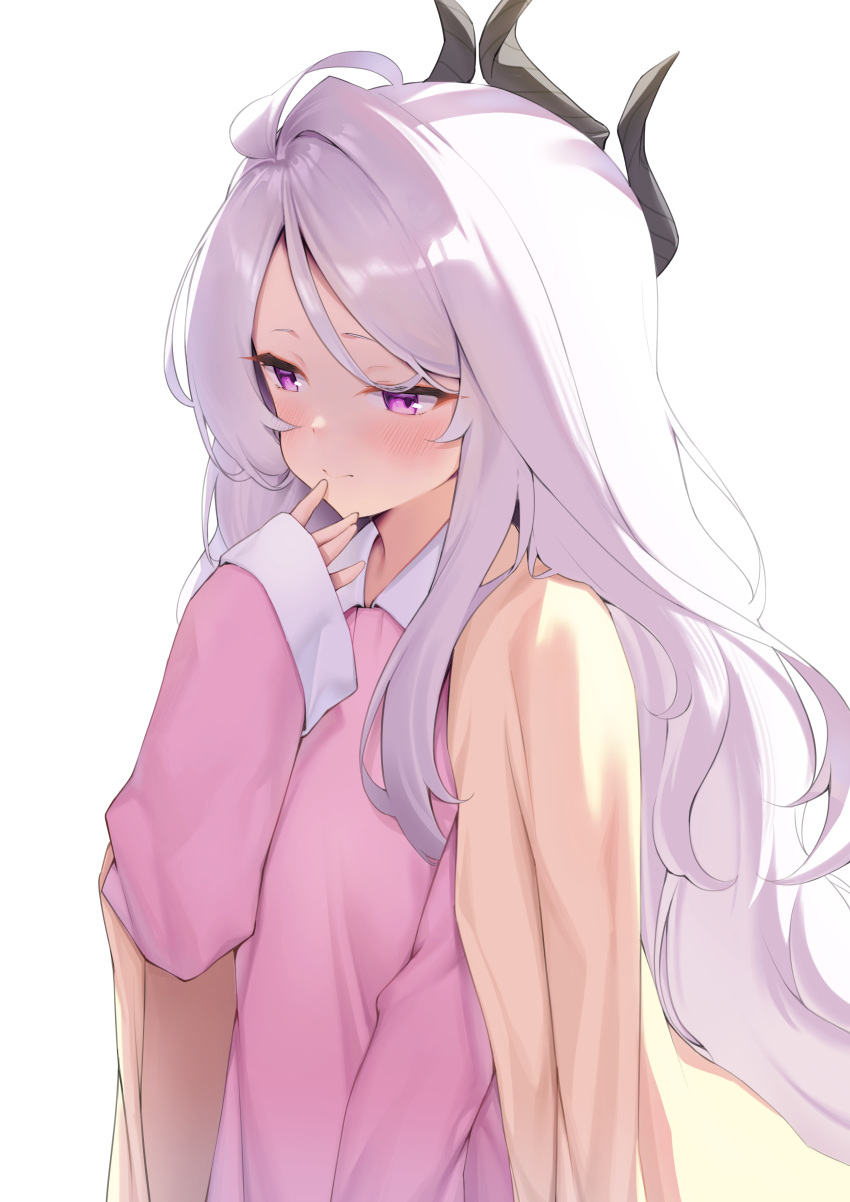 1girl absurdres ajoe_(hakuha_k) black_horns blue_archive blush closed_mouth demon_horns highres hina_(blue_archive) horns jacket jacket_on_shoulders long_hair long_sleeves multiple_horns pajamas parted_bangs pink_pajamas purple_eyes simple_background solo upper_body very_long_hair white_background white_hair yellow_jacket