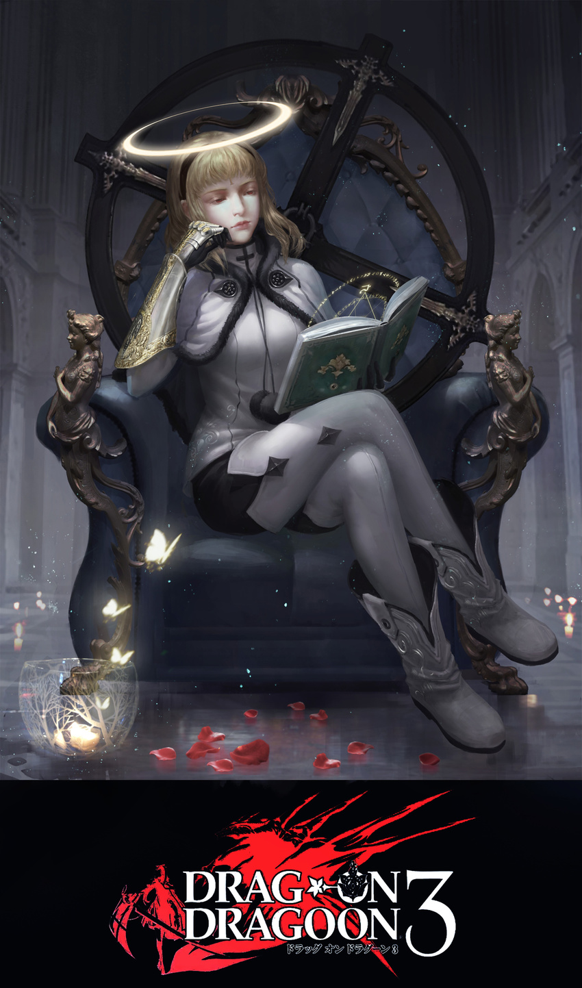 blonde_hair book bowl bug butterfly capelet cross crossed_legs drag-on_dragoon drag-on_dragoon_3 gauntlets glass glowing hairband half-closed_eyes halo highres insect magic_circle one_(drag-on_dragoon) petals red_eyes short_hair sitting terrarium thighhighs throne yijian_ma