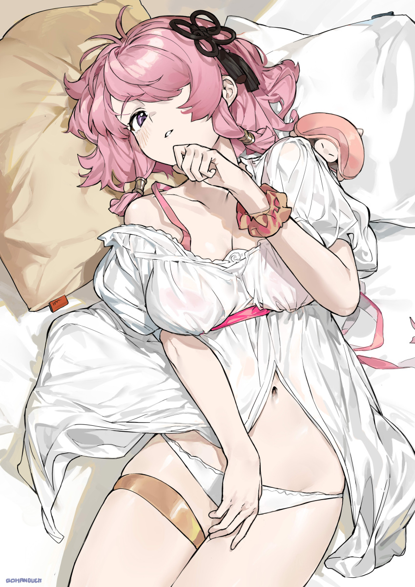 1girl absurdres bed_sheet black_bra blue_eyes blush bra bra_visible_through_clothes breasts cleavage gohanduck groin hair_ornament hair_over_one_eye hair_tubes highres lying medium_breasts navel on_back on_bed panties pillow pink_hair scrunchie see-through short_hair solo taoqi_(wuthering_waves) thigh_strap underwear white_panties wrist_scrunchie wuthering_waves