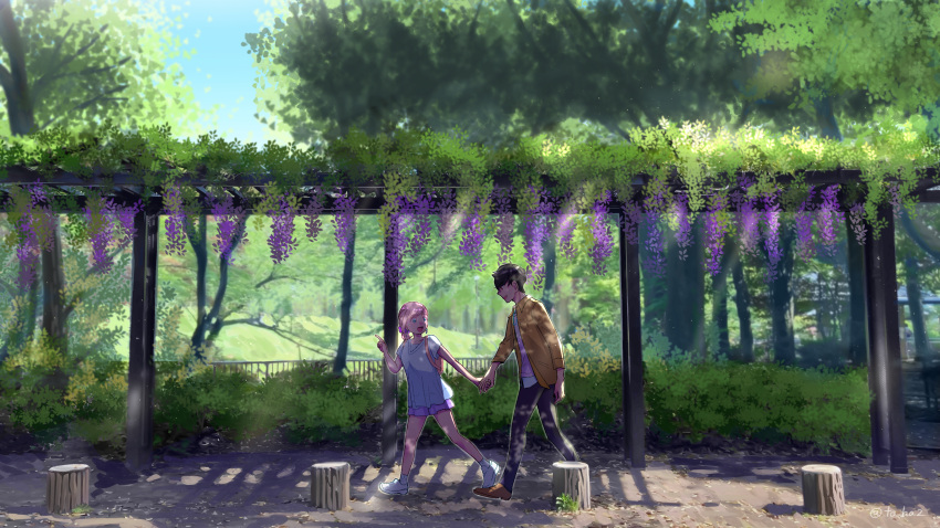 1boy 1girl :d absurdres atama_kami backpack bag black_hair black_pants blue_eyes brown_jacket dappled_sunlight day flower hair_ornament hair_scrunchie hetero highres holding_hands jacket kazama_ryouta outdoors pants pink_hair protagonist_(tokimemo_gs4) purple_scrunchie scrunchie shirt smile sunlight tokimeki_memorial_girl's_side_4th_heart walking white_footwear white_shirt wisteria