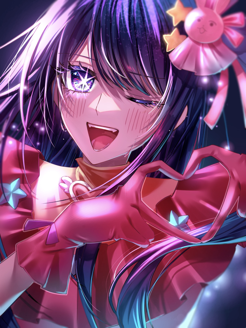 1girl absurdres blue_background blush brooch commentary_request gloves hair_ornament heart heart_brooch heart_hands highres hoshino_ai_(oshi_no_ko) idol idol_clothes jewelry light_particles long_hair one_eye_closed one_side_up open_mouth oshi_no_ko partial_commentary pink_gloves purple_eyes purple_hair rabbit_hair_ornament shadow sidelocks smile solo spica_(spica5f9ea0) star-shaped_pupils star_(symbol) star_hair_ornament symbol-shaped_pupils teeth upper_body
