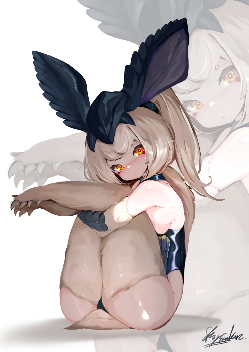 1girl absurdres animal_ears animal_legs armpit_crease artist_name ass black_bustier black_collar black_panties blonde_hair blush breasts claws collar covering_nipples crossed_arms facial_mark full_body head_tilt highres holding_own_leg lagombi large_breasts legs_up long_hair looking_at_viewer monster_hunter_(series) orange_eyes panties personification ponytail rabbit_ears rabbit_tail signature sitting solo sora_sakura tail thick_thighs thighs underwear