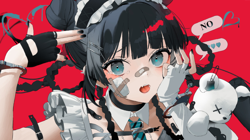 1girl absurdres aoishi_pachira asymmetrical_gloves bandaid bandaid_on_cheek bandaid_on_face bandaid_on_nose black_hair blue_eyes blush braid braided_hair_rings broken_handcuffs choker crying detached_collar double_bun elbow_gloves fang finger_gun finger_gun_to_head fingerless_gloves frills gloves hair_bun hair_ornament hairband hairclip hand_on_own_cheek hand_on_own_face handcuff_dangle highres lolita_hairband long_hair looking_at_viewer mismatched_gloves nail_polish necktie open_mouth original red_background single_elbow_glove solo speech_bubble striped_necktie stuffed_animal stuffed_toy tears teddy_bear twin_braids upper_body