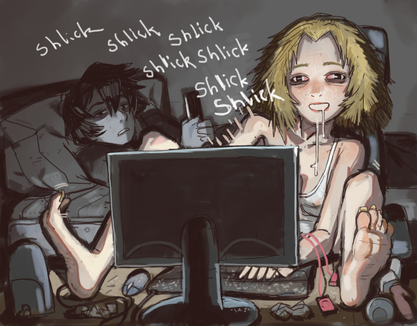 1boy 1girl barefoot black_eyes blonde_hair bloodshot_eyes breasts camisole dildo drooling highres implied_masturbation keyboard_(computer) long_toenails messy_hair monitor mossacannibalis mouse_(computer) on_bed original sex_toy small_breasts speaker spread_legs toenails twinkjak vibrator_cord white_camisole wojak