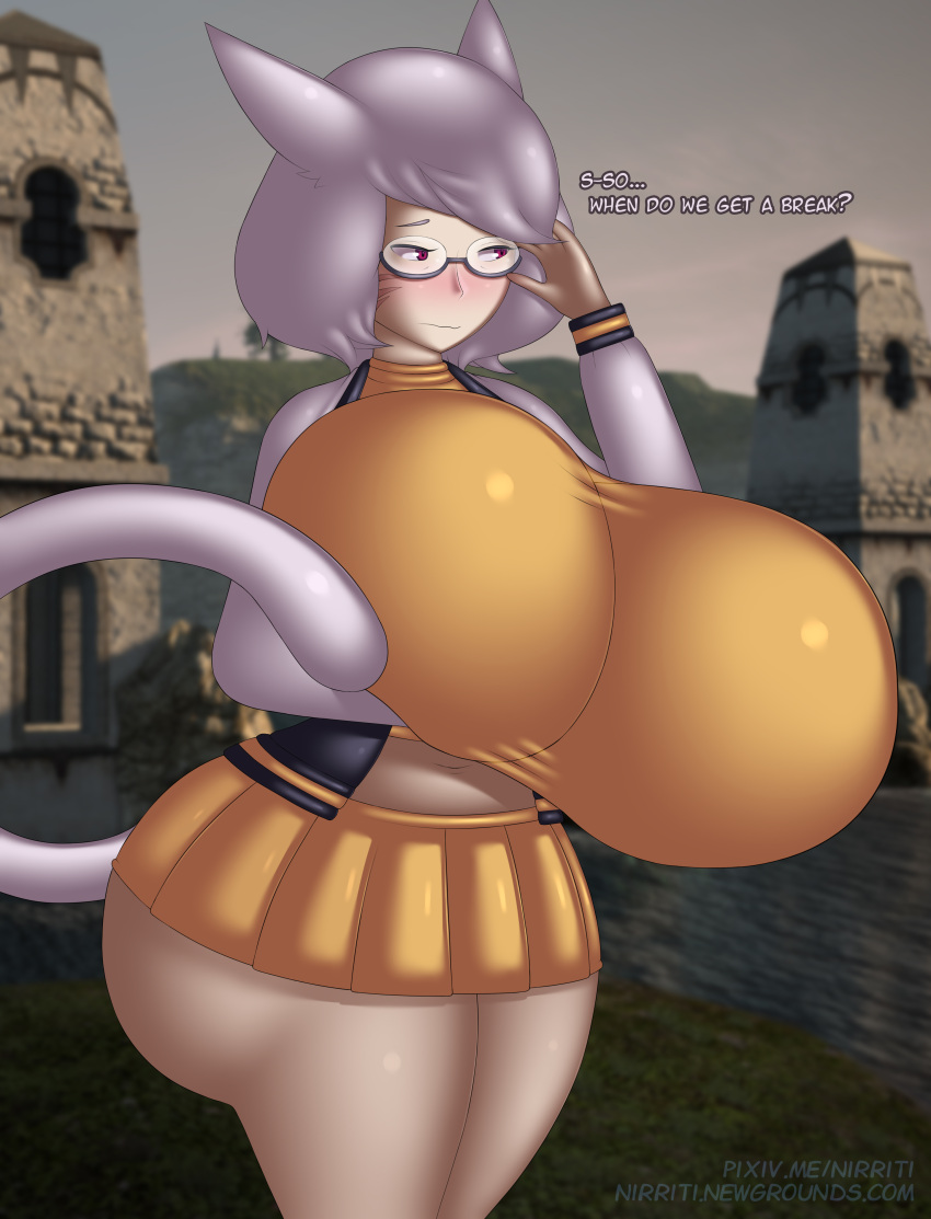 absurd_res animal_humanoid big_breasts big_butt blush bottomwear breasts bubble_butt butt cat_humanoid cat_tail clothed clothing curvy_figure digital_drawing_(artwork) digital_media_(artwork) domestic_cat embarrassed eyewear facial_markings fan_character felid felid_humanoid feline feline_humanoid felis female final_fantasy final_fantasy_xiv glasses hair head_markings hi_res hourglass_figure huge_breasts huge_butt huge_thighs humanoid mammal mammal_humanoid markings miniskirt miqo'te navel nirriti partially_clothed red_eyes shaded short_hair signature skirt solo square_enix thick_thighs water white_body white_skin wide_hips