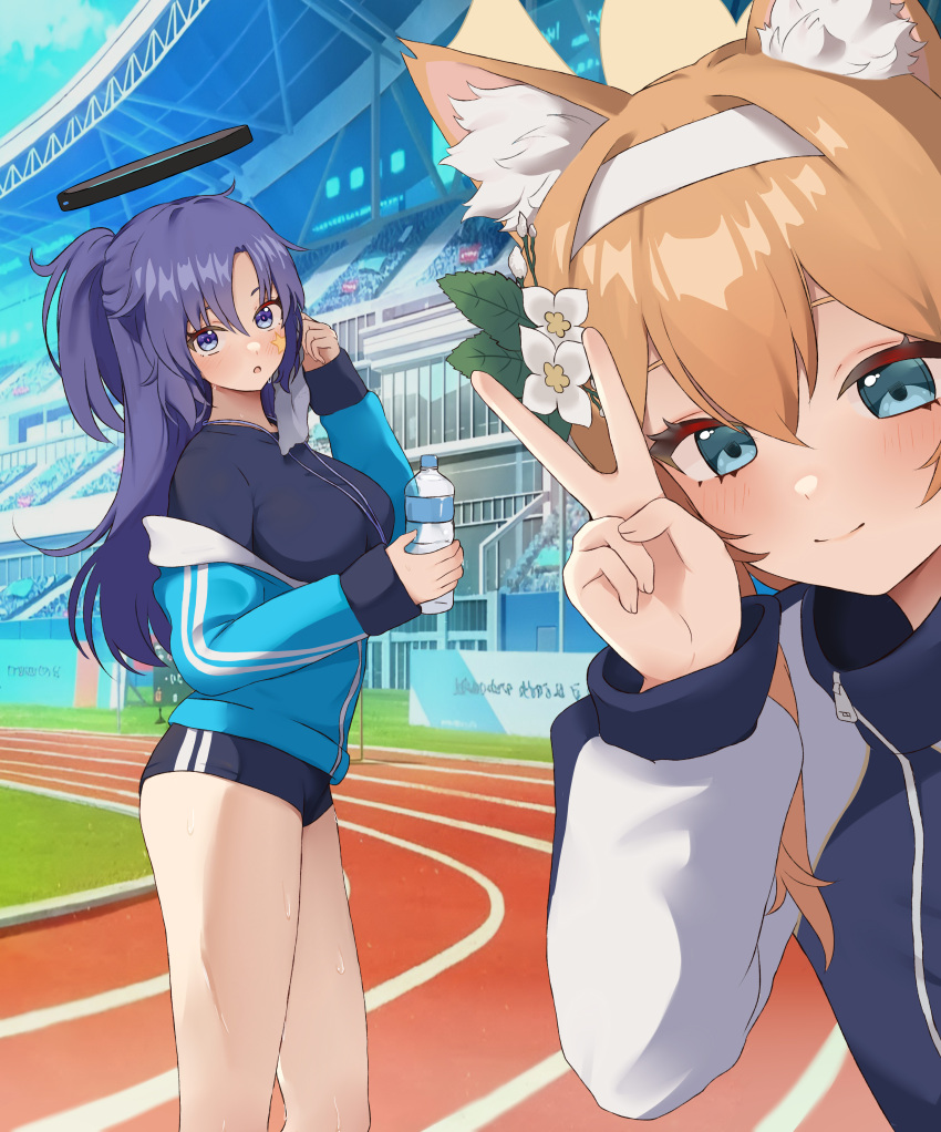 2girls 7neet absurdres animal_ear_fluff animal_ears blue_archive blue_buruma blue_eyes blue_hair blue_jacket blush bottle breasts buruma closed_mouth commentary feet_out_of_frame flower fox_ears gym_uniform hair_between_eyes hair_flower hair_ornament hairband halo hand_up highres holding holding_bottle jacket large_breasts long_hair long_sleeves looking_at_viewer mari_(blue_archive) mari_(track)_(blue_archive) mechanical_halo multiple_girls off_shoulder official_alternate_costume open_mouth orange_hair ponytail smile stadium standing star_sticker sticker_on_face thighs track_and_field v water_bottle white_hairband yellow_halo yuuka_(blue_archive) yuuka_(track)_(blue_archive)