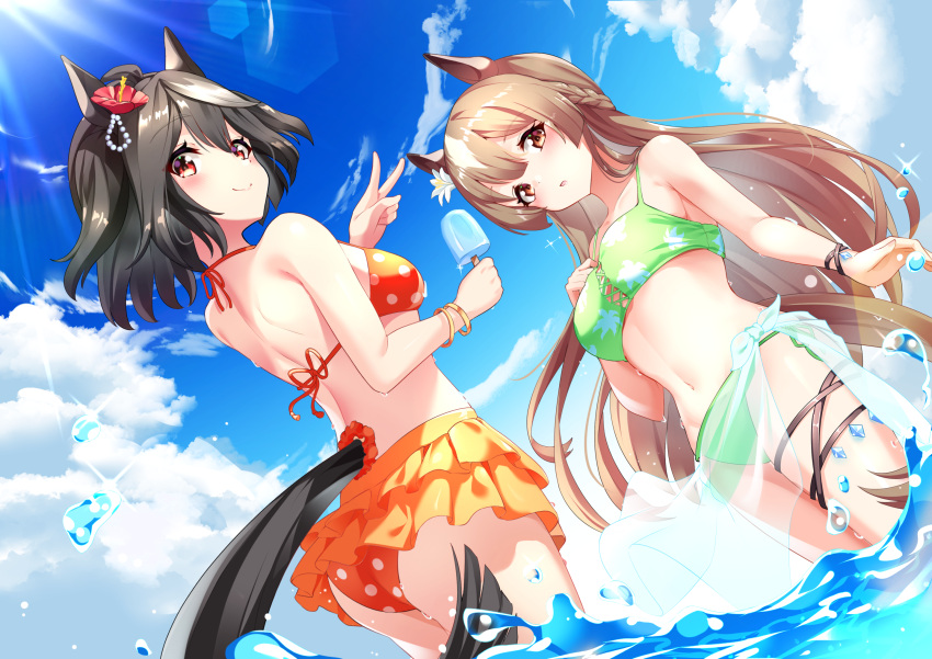 2girls :o alternate_costume animal_ears back bare_shoulders bikini bikini_skirt black_hair blue_sky blush brown_eyes brown_hair closed_mouth cloud cloudy_sky commentary double-parted_bangs flower food from_behind green_bikini hair_between_eyes hair_flower hair_ornament highres horse_ears horse_girl horse_tail kitasan_black_(umamusume) long_hair looking_at_viewer looking_back midriff multicolored_hair multiple_girls navel open_mouth orange_bikini polka_dot polka_dot_bikini popsicle red_eyes sarong satono_diamond_(umamusume) see-through_sarong sky streaked_hair sunlight sunny_(20597521) swimsuit tail tail_scrunchie two_side_up umamusume v wading white_hair white_sarong