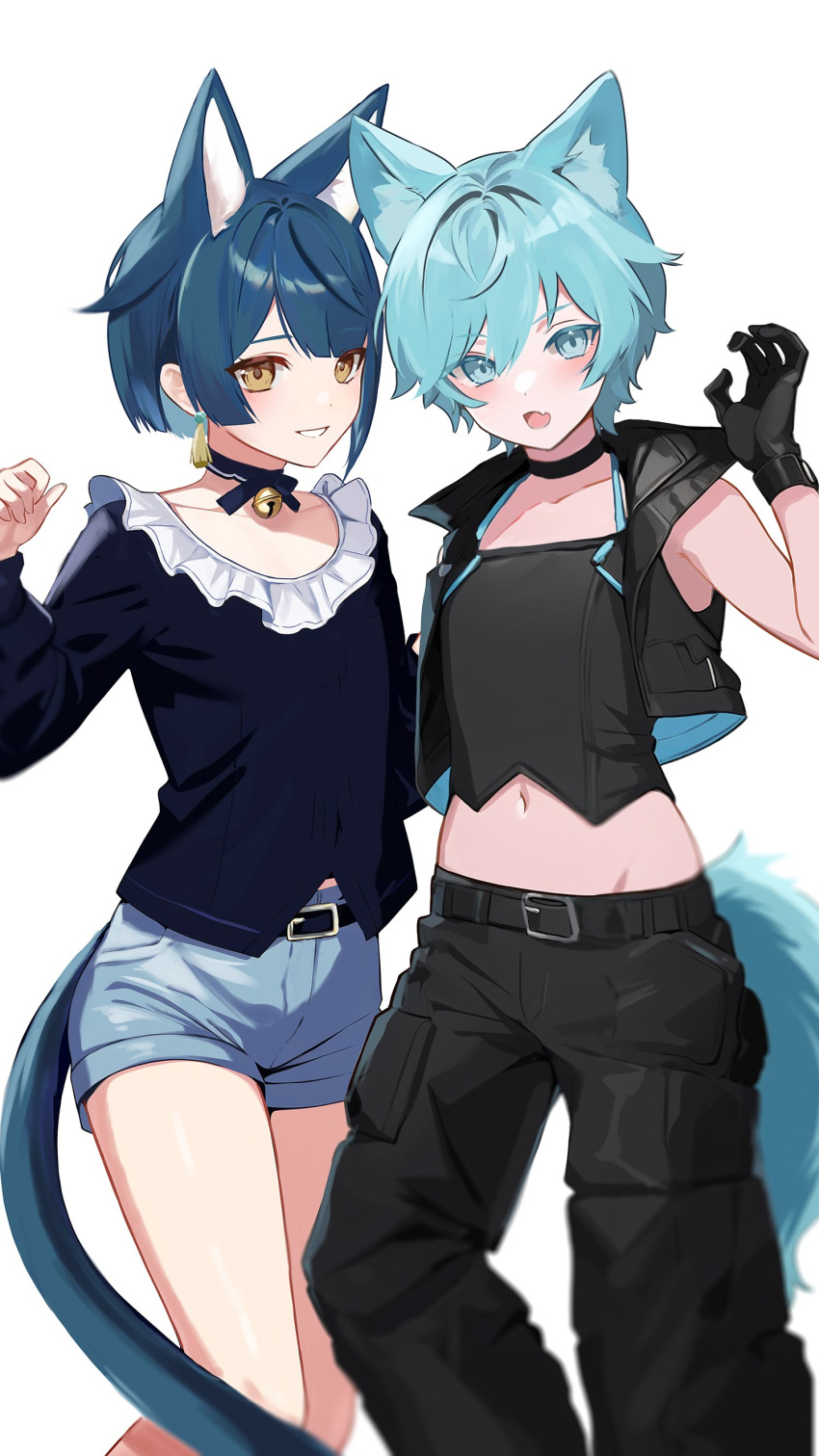 2boys absurdres animal_ears bell belt black_gloves black_jacket black_pants black_shirt blue_eyes blue_hair blue_shorts cat_boy cat_ears cat_tail chongyun_(genshin_impact) crop_top earrings fox_boy fox_ears fox_tail genshin_impact gloves hair_between_eyes highres jacket jewelry long_sleeves looking_at_viewer male_focus midriff multiple_boys navel open_mouth pants rrr_gns_(riuriu_1212) shirt short_hair shorts smile stomach tail tassel tassel_earrings white_background xingqiu_(genshin_impact) yellow_eyes