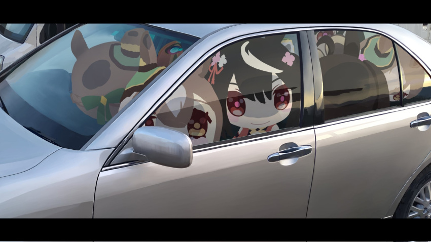 ahoge animal_ears black_hair blush_stickers bow brown_hair butterwabito car character_doll commentary_request doqute_stuffed_doll ear_ornament green_bow hair_between_eyes highres horse_ears horse_girl kitasan_black_(umamusume) long_hair looking_at_viewer motor_vehicle no_humans outdoors satono_diamond_(umamusume) smile stuffed_toy umamusume very_long_hair yellow_eyes