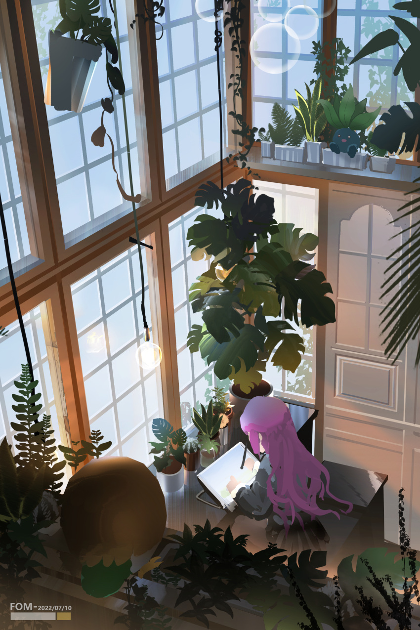 1girl absurdres drawing_tablet fern fom_(lifotai) from_above hanging_plant highres indoors long_hair oddish plant pokemon potted_plant purple_hair rowlet window