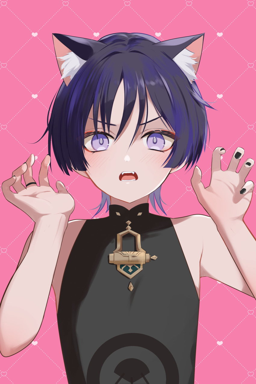 1boy absurdres black_hair black_shirt fangs genshin_impact hair_between_eyes highres male_focus multicolored_hair nyan open_mouth pink_background purple_eyes purple_hair rrr_gns_(riuriu_1212) scaramouche_(genshin_impact) shirt solo teeth