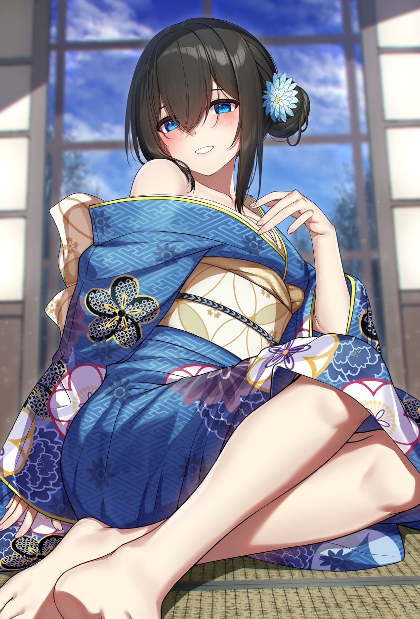 1girl absurdres bare_shoulders barefoot black_hair blue_eyes blue_kimono blush breasts collarbone floral_print_kimono go-1 hair_between_eyes hair_ornament highres idolmaster idolmaster_cinderella_girls japanese_clothes kimono long_hair looking_at_viewer open_mouth sagisawa_fumika sitting smile solo tatami yukata