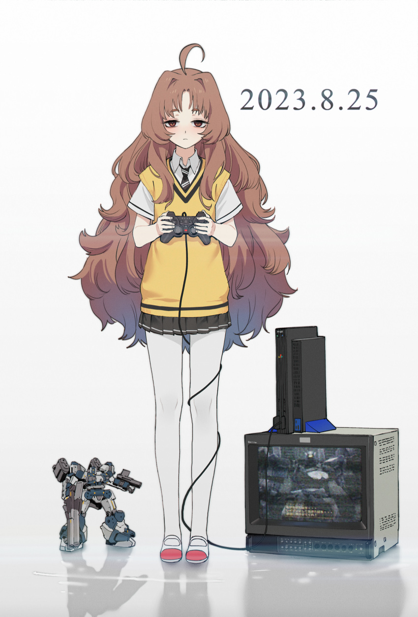 1girl :| absurdres action_figure ahoge armored_core brown_eyes brown_hair character_request closed_mouth controller copyright_request crt curly_hair dated dot_nose expressionless full_body game_console game_screenshot_inset highres holding holding_controller long_hair looking_at_viewer necktie pantyhose parted_bangs playstation_2 pleated_skirt reflective_floor shirt shitakirisuzu shoes short_sleeves skirt solo straight-on striped_necktie uwabaki very_long_hair vest white_background white_pantyhose white_shirt yellow_vest