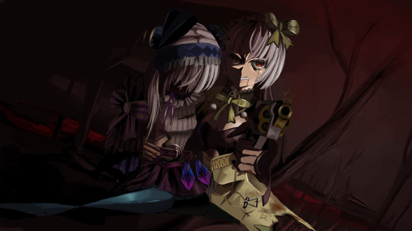 angry atelier_(series) bare_tree blood bow crying crying_with_eyes_open dress faceless grin gun hair_bow highres holding holding_gun holding_weapon looking_at_viewer lydie_marlen purple_dress red_eyes red_sky siblings sky smile suelle_marlen sugaku_side tears torn_clothes tree twins weapon white_hair yellow_dress