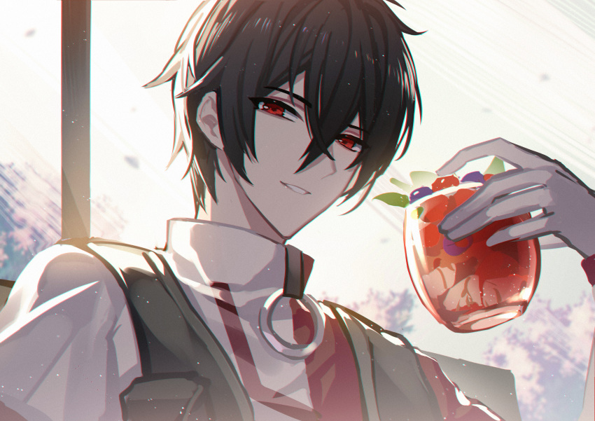 1boy absurdres ayn_(for_all_time) black_hair black_vest blueberry cup drink drinking_glass food for_all_time fruit gloves hair_between_eyes highres holding holding_cup ice ice_cube kazenemuri looking_at_viewer male_focus o-ring parted_lips red_eyes red_shirt shirt short_hair short_sleeves smile solo standing strawberry t-shirt turtleneck two-tone_shirt upper_body vest white_gloves window