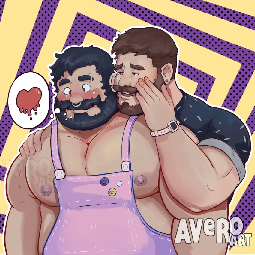 2boys apron avero_art bara bare_pectorals beard behind_another belly black_hair brown_hair couple facial_hair full_beard furrowed_brow hand_on_another's_shoulder heart highres large_pectorals male_focus mature_male melting_heart multiple_boys muscular muscular_male nipples nose_piercing nose_ring o_o original pectorals piercing pink_apron plump seductive_smile short_hair smile spoken_heart thick_beard thick_eyebrows thick_mustache upper_body whispering yaoi