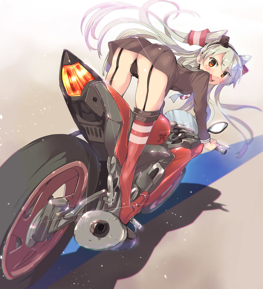 absurdres amatsukaze_(kantai_collection) ass black_panties blush dress garter_straps ground_vehicle hair_tubes hat headgear highres kantai_collection long_hair looking_at_viewer motor_vehicle motorcycle open_mouth panties red_footwear red_legwear riding sailor_collar sailor_dress satou_daiji shoes silver_hair solo striped striped_legwear thighhighs two_side_up underwear wavy_mouth yamaha