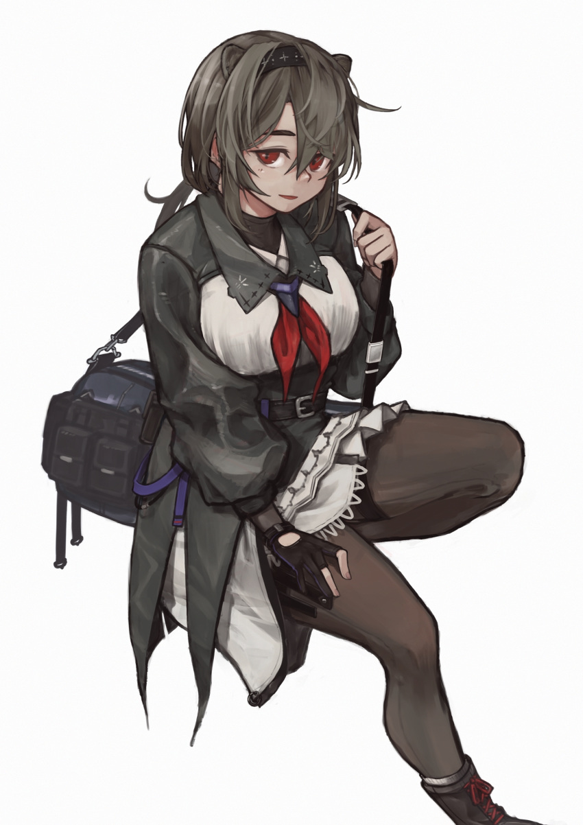 1girl absinthe_(arknights) absinthe_(noon_twilight)_(arknights) animal_ears arknights bag bear_ears bear_girl belt black_hair black_pantyhose boots brown_hair commentary_request dress extra_ears gloves highres long_hair long_sleeves looking_at_viewer neckerchief official_alternate_costume open_mouth pantyhose partially_fingerless_gloves red_eyes red_neckerchief satchel simple_background single_glove solo tubuan_(tubuan03) white_background
