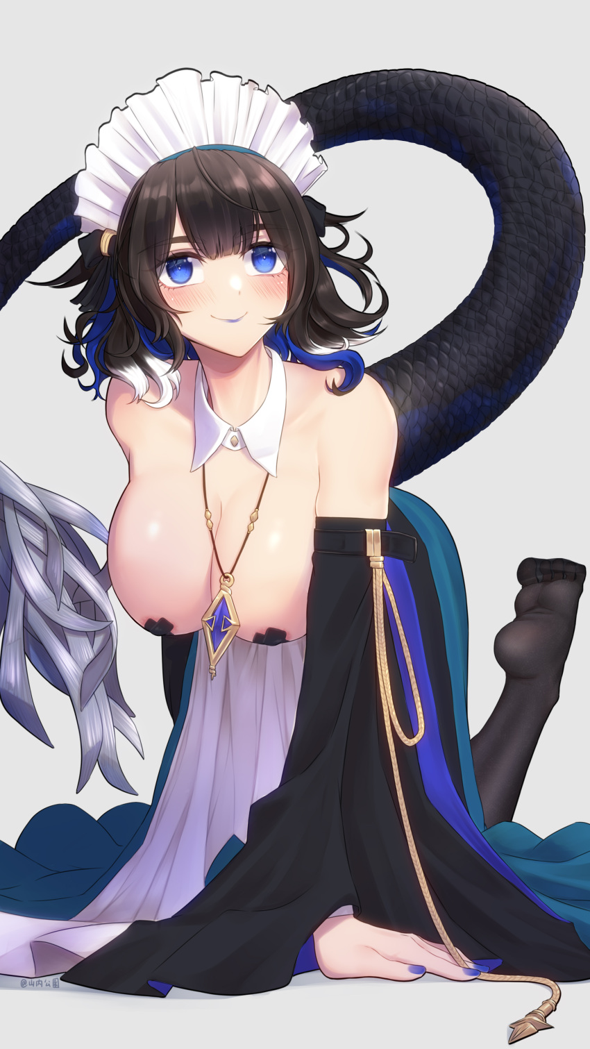 1girl absurdres areola_slip arknights arm_support bare_shoulders black_hair black_pantyhose blue_eyes blue_hair blue_lips blue_nails breasts breasts_out cleavage commentary_request cross_pasties detached_collar detached_sleeves dress feet grey_background highres jewelry kjera_(arknights) kjera_(ingenious_servant)_(arknights) large_breasts long_sleeves looking_at_viewer maid maid_headdress multicolored_hair nail_polish no_shoes official_alternate_costume pantyhose pasties pendant simple_background smile soles solo strapless strapless_dress tail toes variant_set white_dress wide_sleeves yamauchi_(conan-comy)