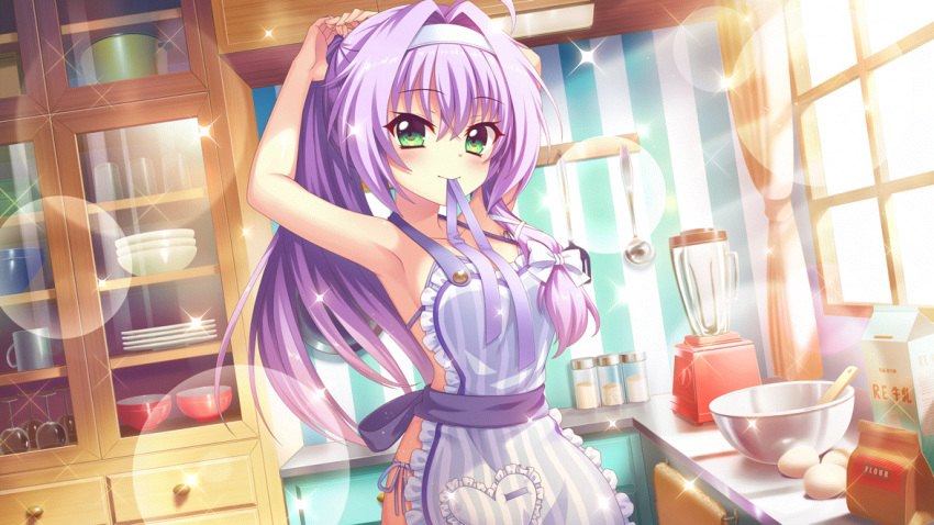 1girl ahoge apron bikini blender_(object) bow bowl breasts cabinet closed_mouth cooking_pot counter cup curtains day dot_nose drinking_glass dutch_angle egg film_grain flour game_cg green_eyes hair_bow hair_ribbon hairband heart hokaze_kanade indoors izumi_tsubasu kitchen ladle lens_flare long_hair medium_breasts milk_carton mouth_hold mug nearly_naked_apron non-web_source official_art plate purple_apron purple_bikini purple_hair purple_ribbon re:stage! ribbon side-tie_bikini_bottom smile solo sparkle spatula striped striped_apron swimsuit tying_hair vertical-striped_apron vertical_stripes white_bow white_hairband white_ribbon window