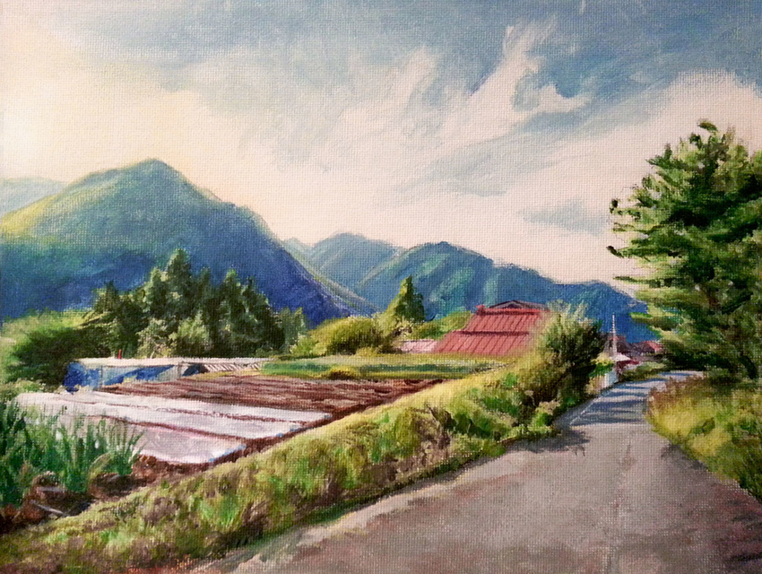 cloud clouds dekus garden hill house japan mountain mountains painting scenery street sunlight
