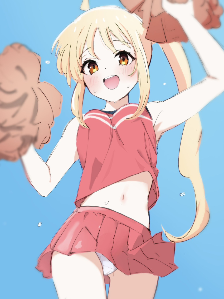 1girl ahoge alternate_costume arm_up armpits blonde_hair blue_background blush bocchi_the_rock! cheerleader clothes_lift commentary_request cowboy_shot cropped_shirt detached_ahoge dot_nose from_below highres holding holding_pom_poms ijichi_nijika long_hair looking_at_viewer looking_down midriff miniskirt navel open_mouth panties pantyshot pleated_skirt pom_pom_(cheerleading) red_eyes red_shirt red_skirt revision shirt side_ponytail sidelocks simple_background skirt skirt_lift sleeveless sleeveless_shirt smile solo stomach sweat thigh_gap thighs ukitaryu underwear white_panties