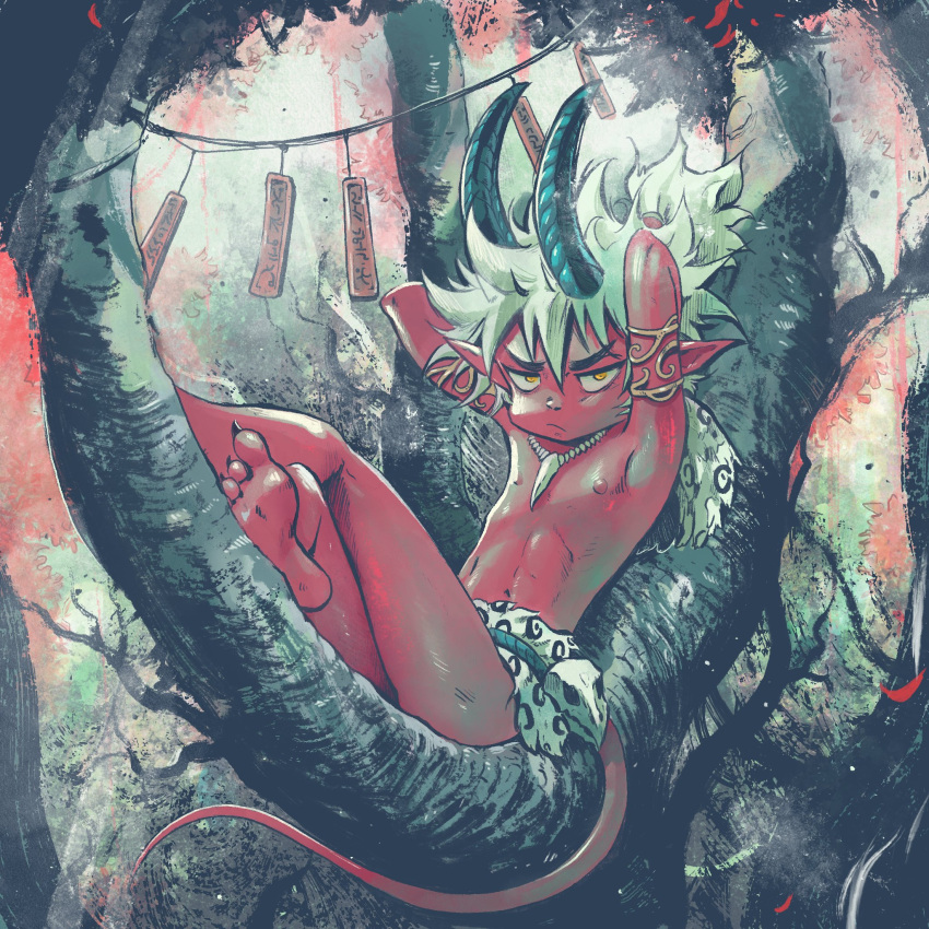 1boy barefoot black_nails colored_skin commentary demon demon_boy demon_horns demon_tail english_commentary fantasy highres horns loincloth lying moonshen_timojim on_back original pointy_ears procreate_(medium) red_skin tail topless_male tree white_hair yellow_eyes