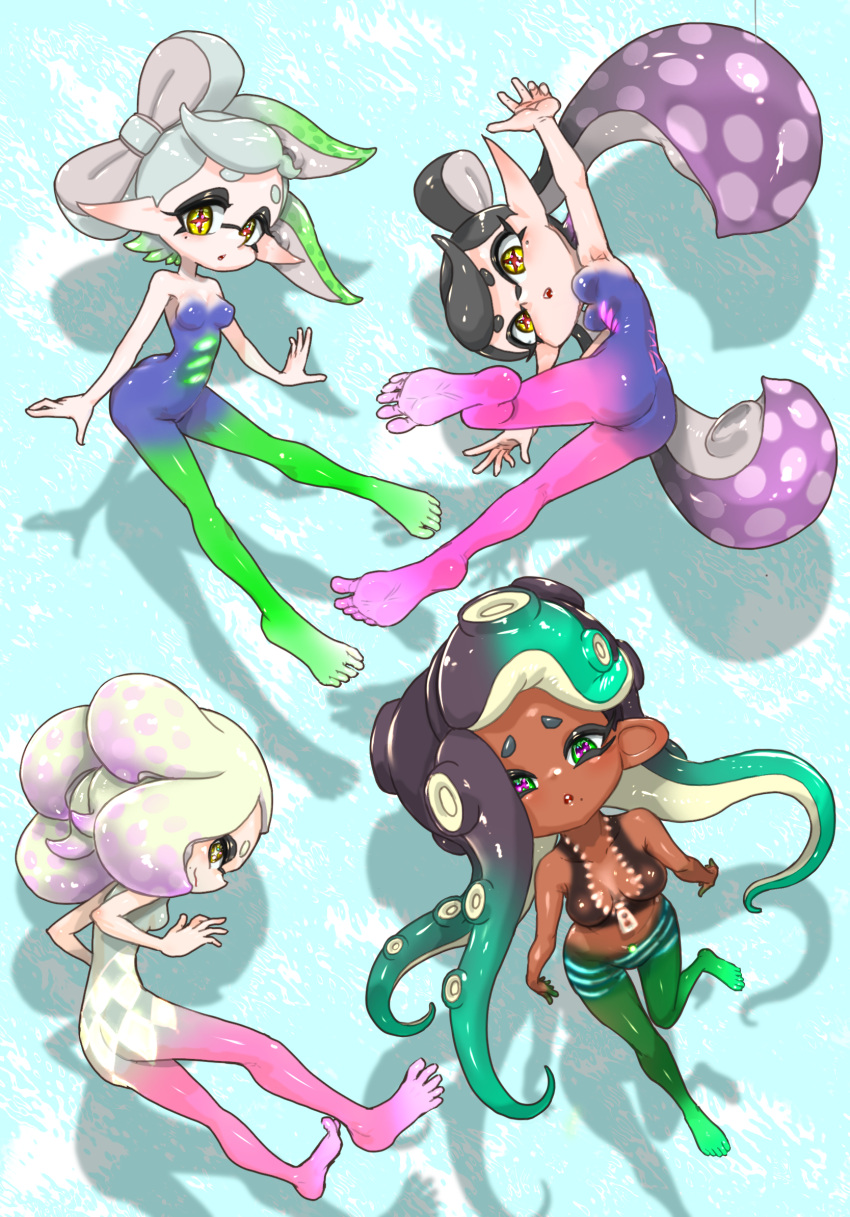 +_+ 4girls ass bodypaint breasts callie_(splatoon) cephalopod_eyes fangs highres koharu2.5 long_pointy_ears marie_(splatoon) marina_(splatoon) multicolored_hair multiple_girls naked_paint nude painted_clothes pearl_(splatoon) pointy_ears splatoon_(series) splatoon_1 splatoon_2 suction_cups symbol-shaped_pupils tentacle_hair toes two-tone_hair