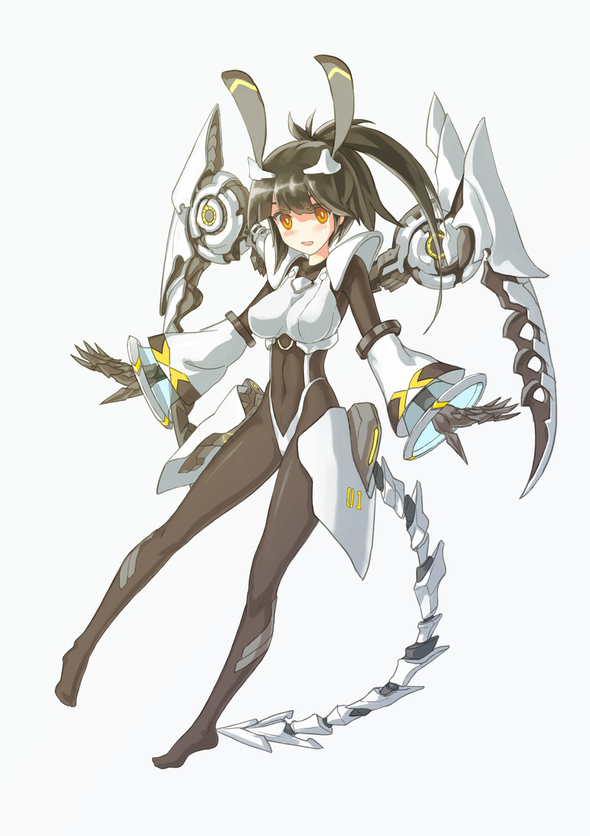 animal_ears armor bangs black_hair blush bodysuit breastplate breasts covered_navel fake_animal_ears faulds full_body gloves hair_ornament high_ponytail highres long_hair mecha_musume mechanical_tail medium_breasts open_mouth orange_eyes original pigeon-toed ponytail short_hair_with_long_locks shoulder_pads si_(ruanmumu) simple_background skin_tight solo tail white_background