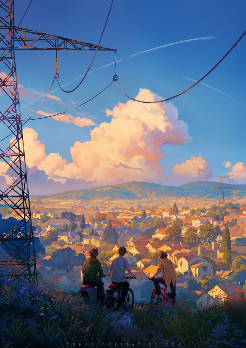 3boys artist_name baseball_cap bicycle black_headwear black_pants blue_sky brown_hair building cityscape cloud commentary contrail day english_commentary facing_away from_behind grass green_hoodie hat highres hood hoodie house motor_vehicle mountain mountainous_horizon multiple_boys on_scooter original outdoors pants power_lines riding riding_bicycle scenery scooter shirt short_hair sky sunlight sylvain_sarrailh t-shirt town transmission_tower tree white_shirt wide_shot yellow_shirt