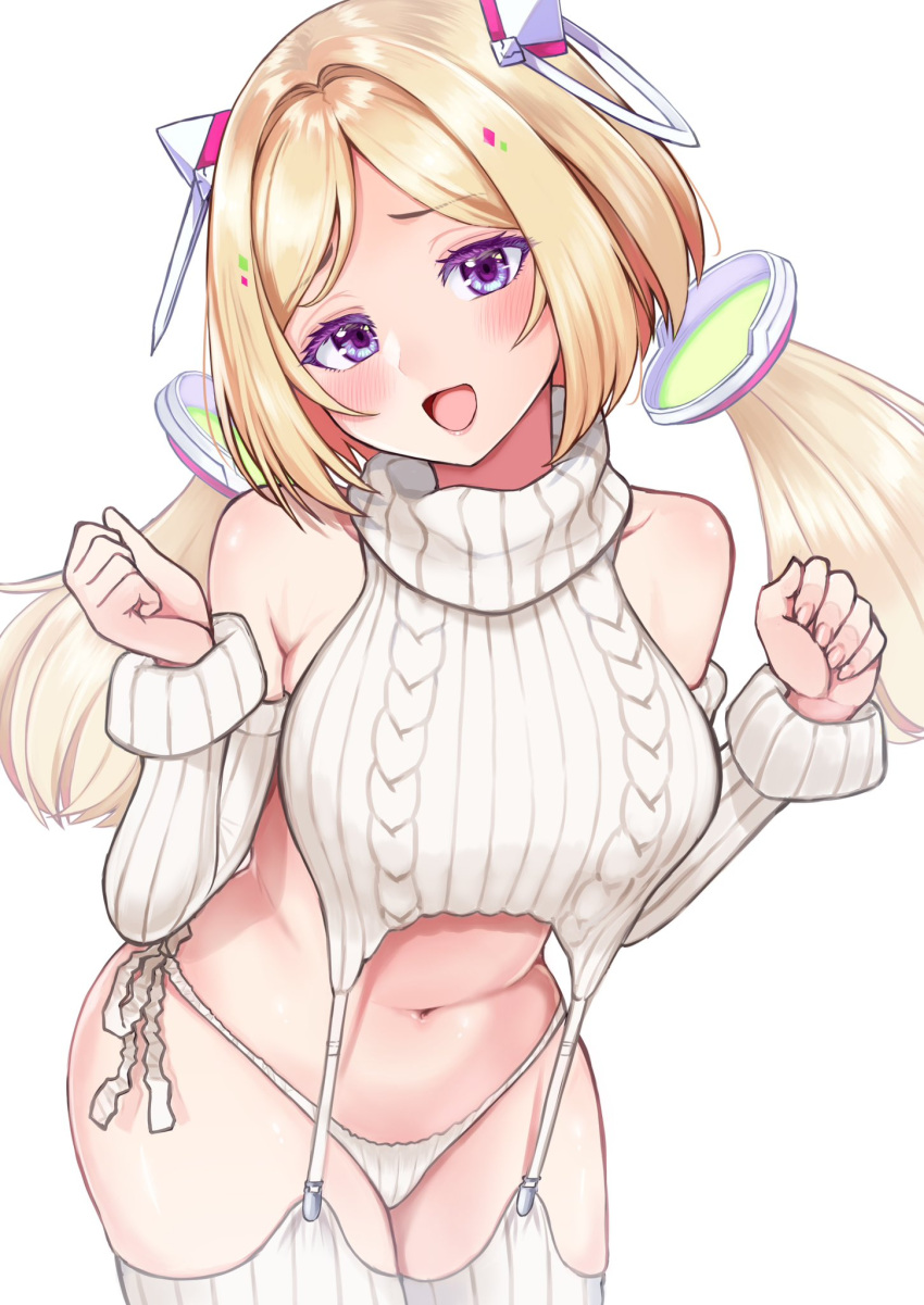 1girl @-you_(you_2023_8_16) aki_rosenthal alternate_costume bare_shoulders blonde_hair blush bob_cut breasts cable_knit cropped_sweater detached_hair detached_sleeves fingernails garter_straps head_tilt headgear highres hololive long_hair looking_at_viewer low_twintails medium_breasts meme_attire midriff navel open_mouth panties parted_bangs plump purple_eyes ribbed_sleeves ribbed_sweater ribbed_thighhighs short_hair side-tie_panties sleeveless sleeveless_turtleneck solo sweater thighhighs thong turtleneck turtleneck_sweater twintails underwear virgin_destroyer_sweater virtual_youtuber w_arms white_sweater