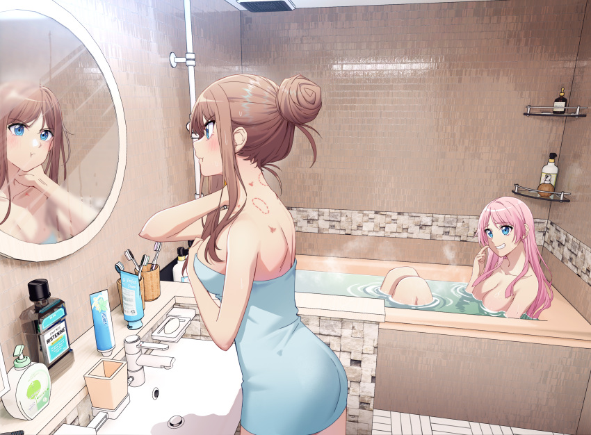 2girls absurdres bang_dream! bang_dream!_it's_mygo!!!!! bath bathing bathtub bite_mark bite_mark_on_neck bite_mark_on_shoulder blue_eyes brown_hair chihaya_anon commentary_request hickey highres jovei light_blush long_hair looking_at_another looking_at_mirror mirror multiple_girls mygo!!!!!_(bang_dream!) nagasaki_soyo naked_towel nude pink_hair pout towel yuri