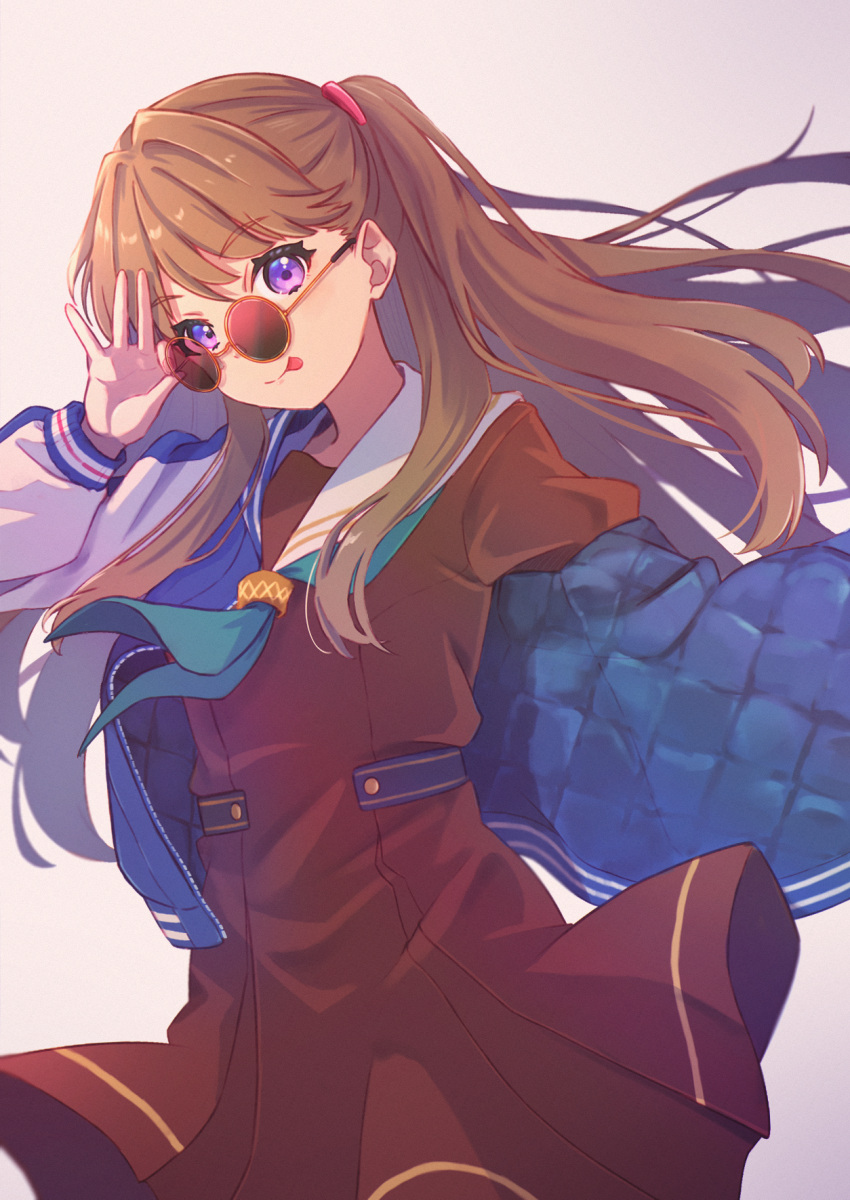 1girl :p adjusting_eyewear blue_jacket brown_dress brown_hair brown_serafuku commentary_request dress english_commentary eyewear_on_head eyewear_on_headwear fujishima_megumi glasses green_neckerchief hand_on_eyewear hasu_no_sora_school_uniform highres jacket letterman_jacket link!_like!_love_live! long_hair long_sleeves looking_at_viewer looking_over_eyewear love_live! macken mixed-language_commentary multicolored_clothes multicolored_jacket neckerchief open_clothes open_jacket pleated_dress purple_eyes round_eyewear sailor_collar sailor_dress school_uniform serafuku smile solo sunglasses tinted_eyewear tongue tongue_out two-tone_jacket upper_body virtual_youtuber white_jacket white_sailor_collar