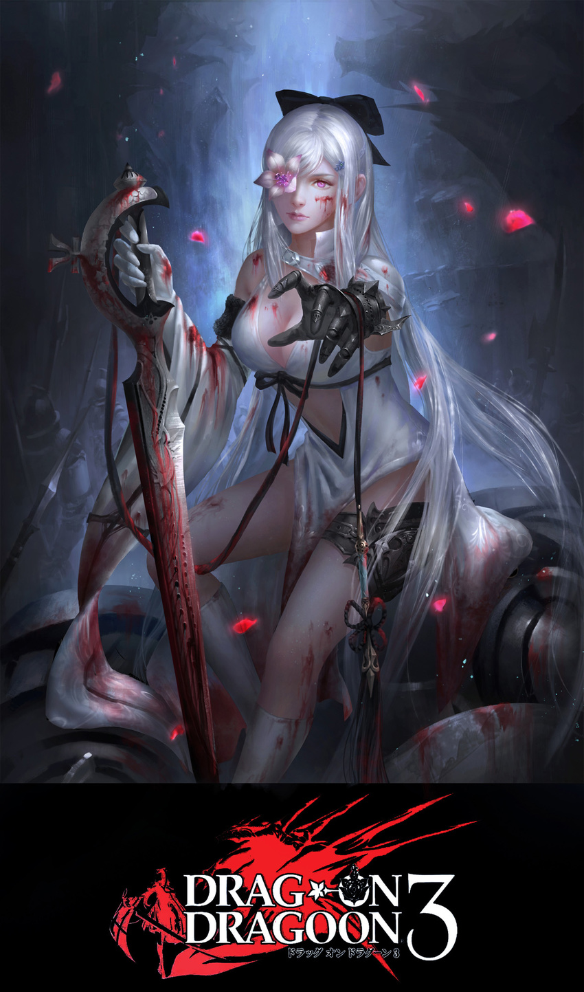 bare_shoulders blood bow breasts cleavage drag-on_dragoon drag-on_dragoon_3 dress flower flower_eyepatch gauntlets hair_bow highres large_breasts long_hair navel purple_eyes solo sword very_long_hair weapon white_hair yijian_ma zero_(drag-on_dragoon)