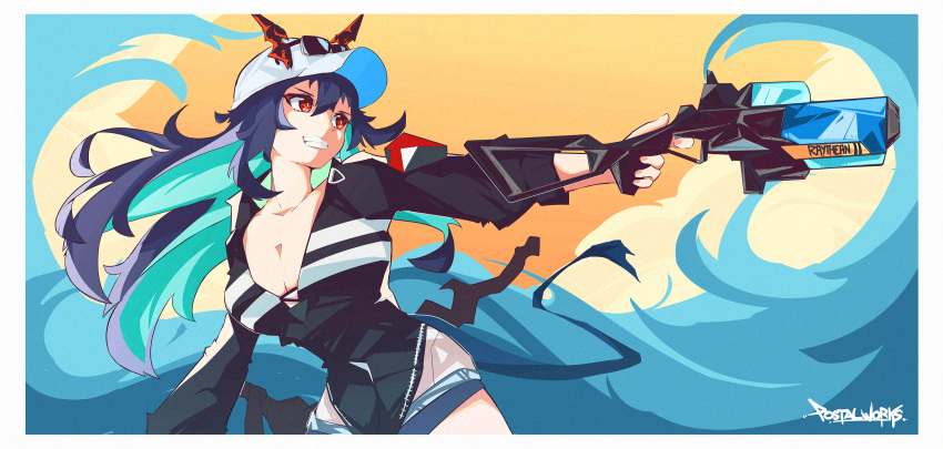 1girl absurdres arknights artist_name baseball_cap blue_hair breasts ch'en_(arknights) ch'en_the_holungday_(arknights) cleavage dragon_girl dragon_horns dragon_tail eyewear_on_headwear grey_shorts hat highres holding holding_water_gun horns horns_through_headwear long_hair looking_to_the_side official_alternate_costume open_mouth outstretched_arm postalworks red_eyes shorts solo tail teeth upper_body water_gun