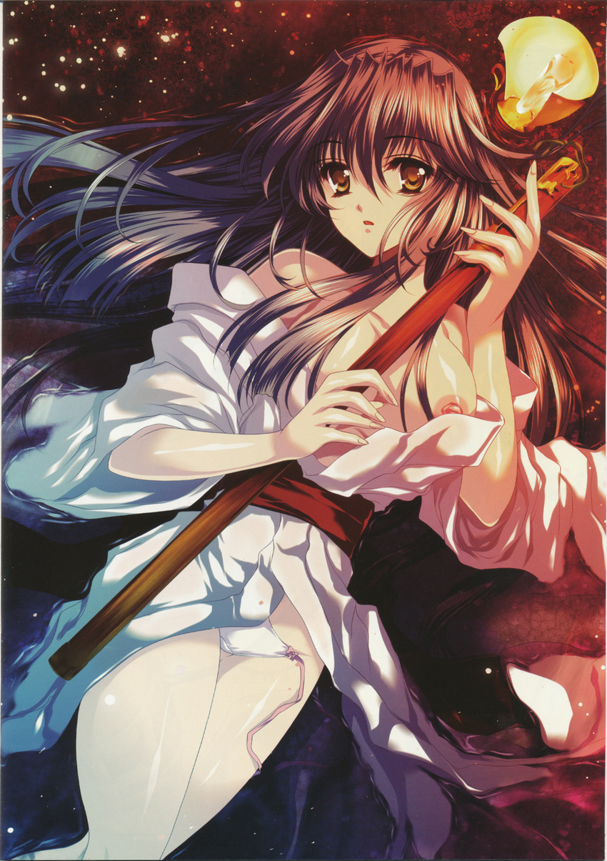 :o bangs bare_shoulders blue_hair bow bow_panties breasts brown_eyes dutch_angle fingernails floating_hair from_above gradient_hair hair_between_eyes highres holding holding_weapon japanese_clothes kimono large_breasts long_fingernails long_hair looking_at_viewer lying mizushira_yae multicolored_hair nipple_slip nipples no_bra off_shoulder official_art on_back open_clothes open_kimono open_mouth panties partially_submerged purple_hair sash sheath sheathed side-tie_panties solo sword tamiya_akito underwear untied untied_panties very_long_hair water weapon white_panties wide_sleeves zanjibaru