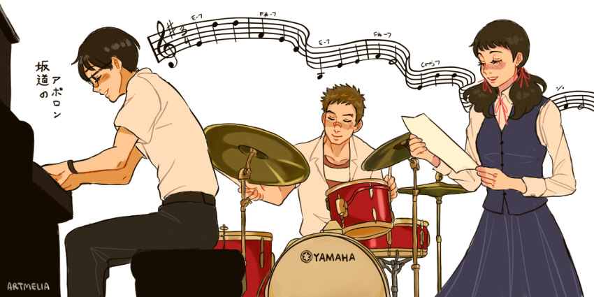 1girl 2boys amelia_(magic16879) black_hair blonde_hair closed_eyes cross_scar drum drum_set drumsticks feet_out_of_frame freckles from_side glasses hair_ribbon holding holding_drumsticks holding_paper instrument kawabuchi_sentarou mukae_ritsuko multiple_boys music musical_note nishimi_kaoru paper playing_instrument playing_piano ribbon sakamichi_no_apollon scar scar_on_cheek scar_on_face shirt short_hair short_twintails simple_background singing sitting striped striped_shirt twintails white_background