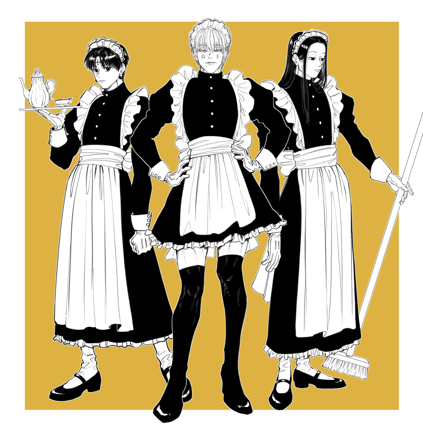 3boys absurdres alternate_costume apron arm_at_side broom chrollo_lucilfer cross_print crossdressing cup dress earrings enmaided expressionless facial_mark forehead_mark frilled_apron frilled_dress frills full_body fuse_(2sau3) gloves greyscale_with_colored_background hands_on_own_hips highres hisoka_morow holding holding_broom holding_tray hunter_x_hunter illumi_zoldyck jewelry juliet_sleeves long_dress long_hair long_sleeves looking_at_viewer maid maid_apron maid_headdress male_focus male_maid mary_janes monochrome multiple_boys outside_border parted_bangs puffy_sleeves shoes short_dress short_hair smirk socks star_(symbol) straight_hair teacup teapot teardrop_facial_mark thighhighs tray waist_apron yellow_background yellow_theme zettai_ryouiki