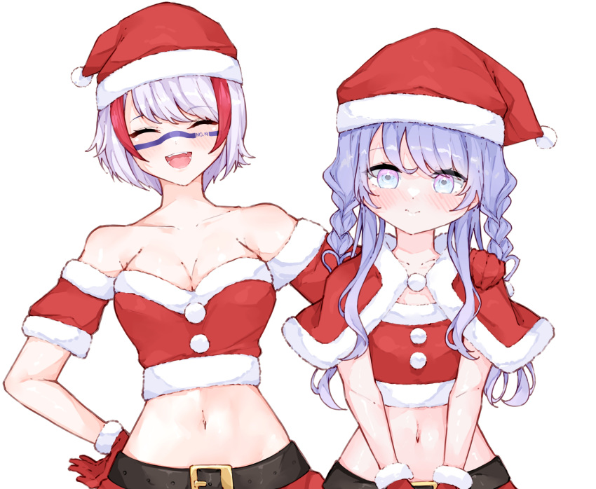 2girls absurdres amiya_aranha bare_shoulders belt black_belt braid breasts capelet collarbone facial_mark fur-trimmed_capelet fur-trimmed_gloves fur-trimmed_headwear fur_trim gloves grey_hair hand_on_another's_shoulder hat highres indie_virtual_youtuber long_hair ma_draws midriff multicolored_hair multiple_girls navel onolumi_(vtuber) open_mouth pom_pom_(clothes) purple_eyes purple_hair red_capelet red_gloves red_hair red_headwear santa_costume santa_hat second-party_source short_hair stomach streaked_hair twin_braids virtual_youtuber