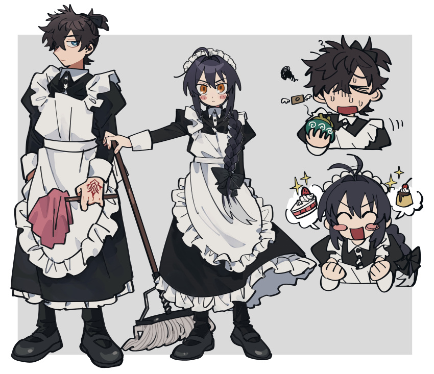 absurdres ahoge ahoge_wag alternate_costume apron black_dress black_hair blue_eyes braid brown_eyes coin_purse command_spell dress enmaided expressive_hair fate/samurai_remnant fate_(series) grey_background hair_over_one_eye highres maid maid_apron maid_headdress miyamoto_iori_(fate) mop saber_(fate/samurai_remnant) uotsu_(sabakou)