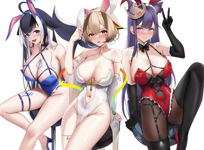 3girls absurdres ahoge akuma_nihmune akuma_nihmune_(3rd_costume) animal_ears antennae black_bow black_bowtie black_hair black_thighhighs blonde_hair blue_collar blush bow bowtie breasts burger_king cetacean_tail chest_tattoo collar detached_sleeves elbow_gloves facial_tattoo fake_animal_ears fins fish_tail gloves hair_ornament hairclip heart heart_ahoge high_heels highres indie_virtual_youtuber large_breasts leg_tattoo legs leotard long_hair looking_at_viewer multicolored_hair multiple_girls navel pelvic_curtain playboy_bunny purple_eyes purple_hair rabbit_ears sanagi_yuzu short_hair shylily simple_background skai_kun streaked_hair tail tattoo thighhighs thighs v virtual_youtuber white_background white_hair yellow_eyes