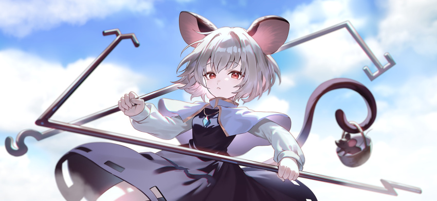 1girl :&lt; animal_ears basket black_dress capelet closed_mouth cloud dowsing_rod dress fingernails grey_capelet grey_hair holding holding_with_tail jewelry long_sleeves looking_at_viewer mouse mouse_ears mouse_girl mouse_tail nazrin non-web_source official_art pendant prehensile_tail red_eyes second-party_source shirt short_hair sky sleeve_cuffs solo tail touhou touhou_gensou_eclipse u_u_zan white_shirt