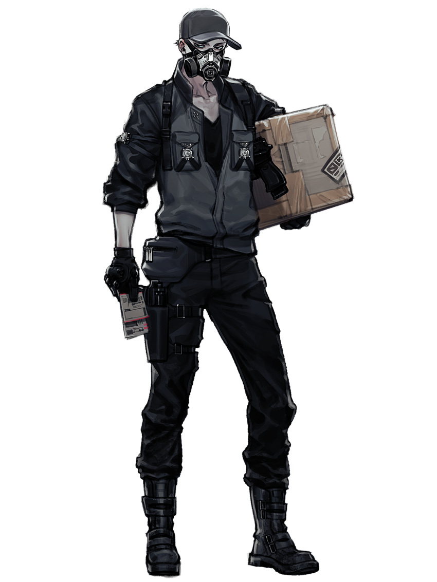 1boy black_footwear black_gloves black_headwear black_pants boots box dairoku_ryouhei full_body gas_mask gloves grey_jacket gun highres holding holding_box holster jacket k0gam1 looking_at_viewer male_focus mask pants pocket pouch shoulder_holster solo sora_fujimine standing thigh_holster thigh_strap transparent_background weapon