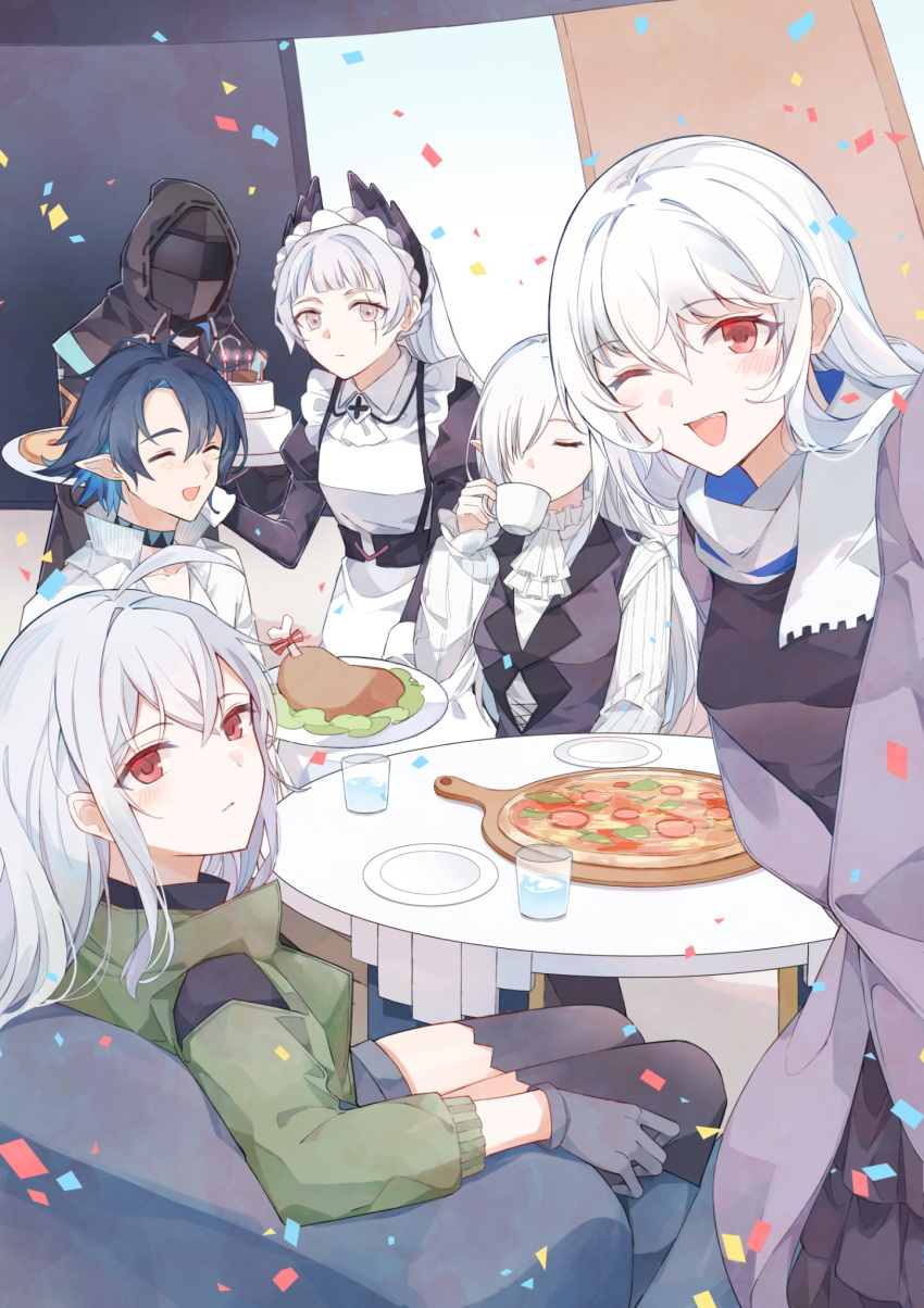 1boy 1other 4girls :d ;d ^_^ ambiguous_gender antenna_hair arknights ascot black_dress black_jacket black_shirt black_thighhighs blue_hair closed_eyes confetti cup doctor_(arknights) dress drinking food gladiia_(arknights) gloves green_jacket grey_eyes grey_gloves grey_shorts hair_between_eyes hair_over_one_eye head_wings highres holding holding_cup holding_plate hood hood_up hooded_jacket indoors irene_(arknights) irene_(voyage_of_feathers)_(arknights) jacket looking_at_viewer lumen_(arknights) maid mask multiple_girls no_headwear official_alternate_costume one_eye_closed open_mouth pizza plate pointy_ears red_eyes sae1293 scar scar_across_eye scarf shirt short_hair shorts sitting skadi_(arknights) skadi_(the_next_afternoon_tea)_(arknights) smile specter_(arknights) specter_(undercurrent)_(arknights) table thighhighs white_ascot white_scarf white_shirt wings