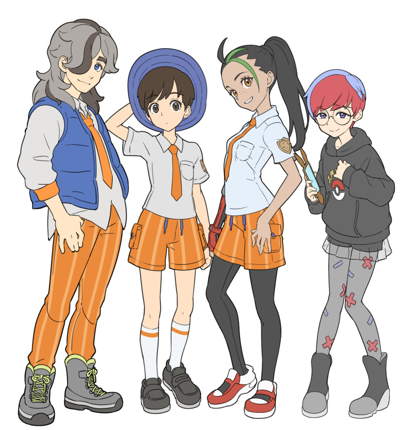 2boys 2girls ahoge arven_(pokemon) black_hair black_pantyhose blue_hair blue_headwear boots breast_pocket brown_eyes brown_hair closed_mouth collared_shirt eyelashes florian_(pokemon) freckles glasses green_hair grin hand_up hat highres holding holding_phone hood hood_down hoodie long_hair long_sleeves multicolored_hair multiple_boys multiple_girls necktie nemona_(pokemon) open_clothes open_vest orange_necktie orange_pants orange_shorts pants pantyhose penny_(pokemon) phone pocket poke_ball_print pokemon pokemon_sv ponytail red_hair round_eyewear school_uniform see-through see-through_skirt shirt shoes short_hair shorts shorts_under_skirt sjw_kazuya skirt smile socks standing teeth two-tone_hair vest