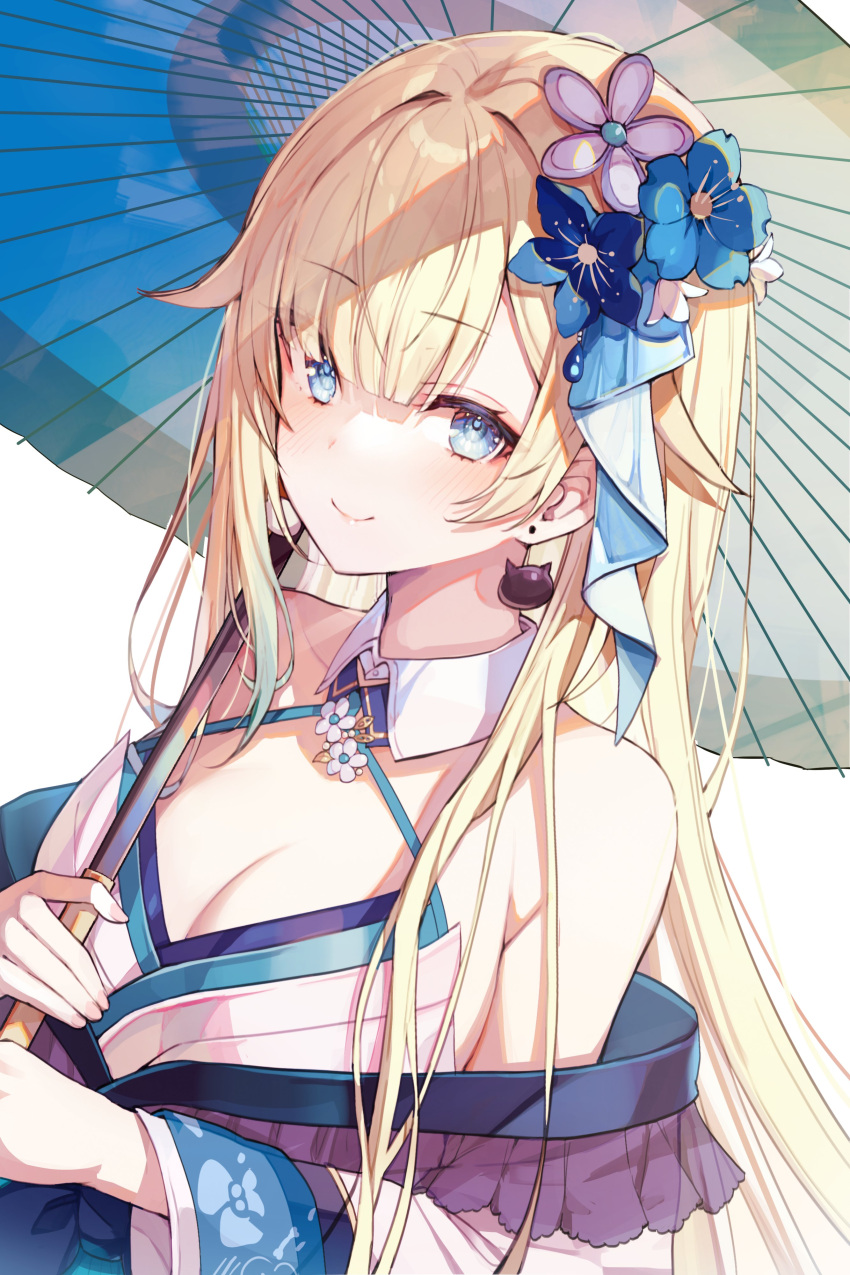 1girl absurdres aizawa_ema blonde_hair blue_eyes blue_flower breasts cleavage closed_mouth detached_collar flower hair_flower hair_intakes hair_ornament highres holding holding_umbrella japanese_clothes kimono long_hair long_sleeves looking_at_viewer misyune simple_background smile solo umbrella upper_body virtual_youtuber vspo! white_background white_kimono
