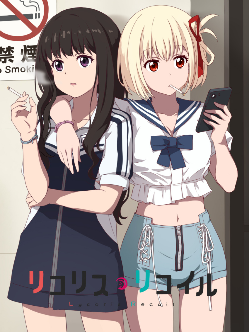 2girls black_hair blonde_hair blue_bow blue_bowtie blue_dress blue_sailor_collar blue_shorts bob_cut bow bowtie bracelet breasts cellphone cigarette cleavage collarbone commentary copyright_name cowboy_shot crop_top crop_top_overhang cropped_shirt dress hair_ribbon highres holding holding_cigarette holding_phone inoue_takina jewelry laofuzi_dai_bansho long_hair looking_at_phone lycoris_recoil medium_breasts midriff multiple_girls navel nishikigi_chisato no_smoking one_side_up open_mouth phone puffy_short_sleeves puffy_sleeves purple_eyes red_eyes red_ribbon revision ribbon sailor_collar shirt short_hair short_sleeves shorts sidelocks smartphone smoke smoking white_shirt yuri