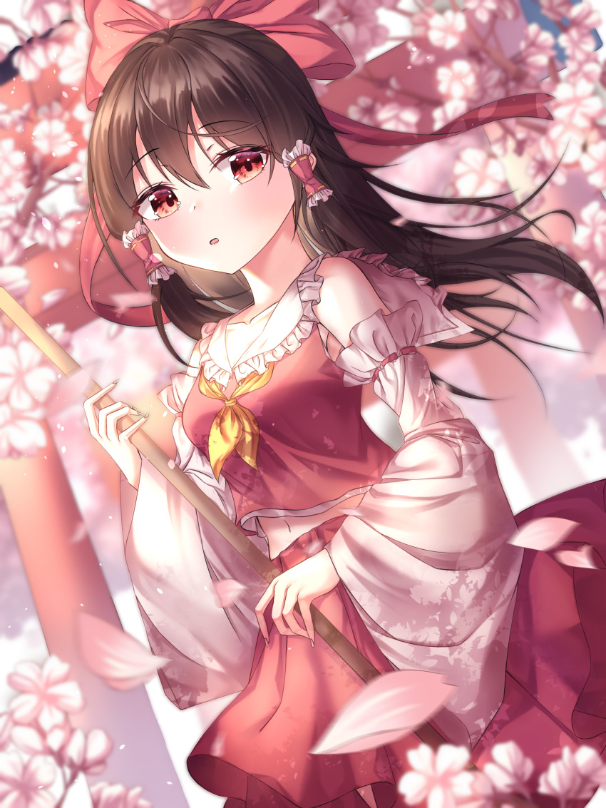 1girl ascot bare_shoulders blsh blurry blurry_background blush bow branch breasts broom brown_hair cherry_blossoms cowboy_shot depth_of_field detached_sleeves dutch_angle flower frilled_bow frilled_shirt_collar frills hair_between_eyes hair_bow hair_tubes hakurei_reimu highres holding holding_broom long_hair long_sleeves looking_at_viewer midriff navel open_mouth outdoors petals pink_flower red_bow red_eyes red_skirt ribbon ribbon-trimmed_sleeves ribbon_trim shirt sidelocks skirt skirt_set solo touhou tree ttopang wide_sleeves yellow_ascot