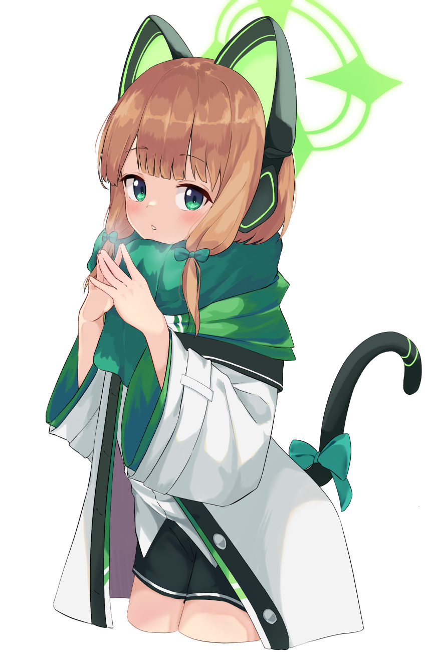 1girl absurdres animal_ear_headphones animal_ears black_shorts blonde_hair blue_archive blush bow coat cowboy_shot cropped_legs fake_animal_ears green_bow green_eyes green_halo green_scarf hair_bow halo headphones highres long_sleeves midori_(blue_archive) open_clothes open_coat osmium-76 parted_lips scarf shirt short_hair shorts solo white_coat white_shirt wide_sleeves
